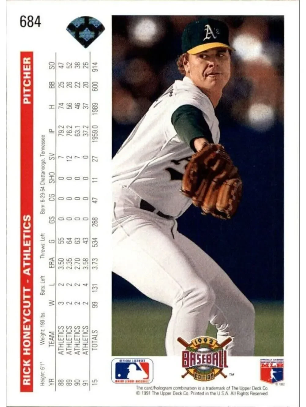 Rick Honeycutt 1992 Upper Deck MLB #684 Baseball Card Oakland Athletics